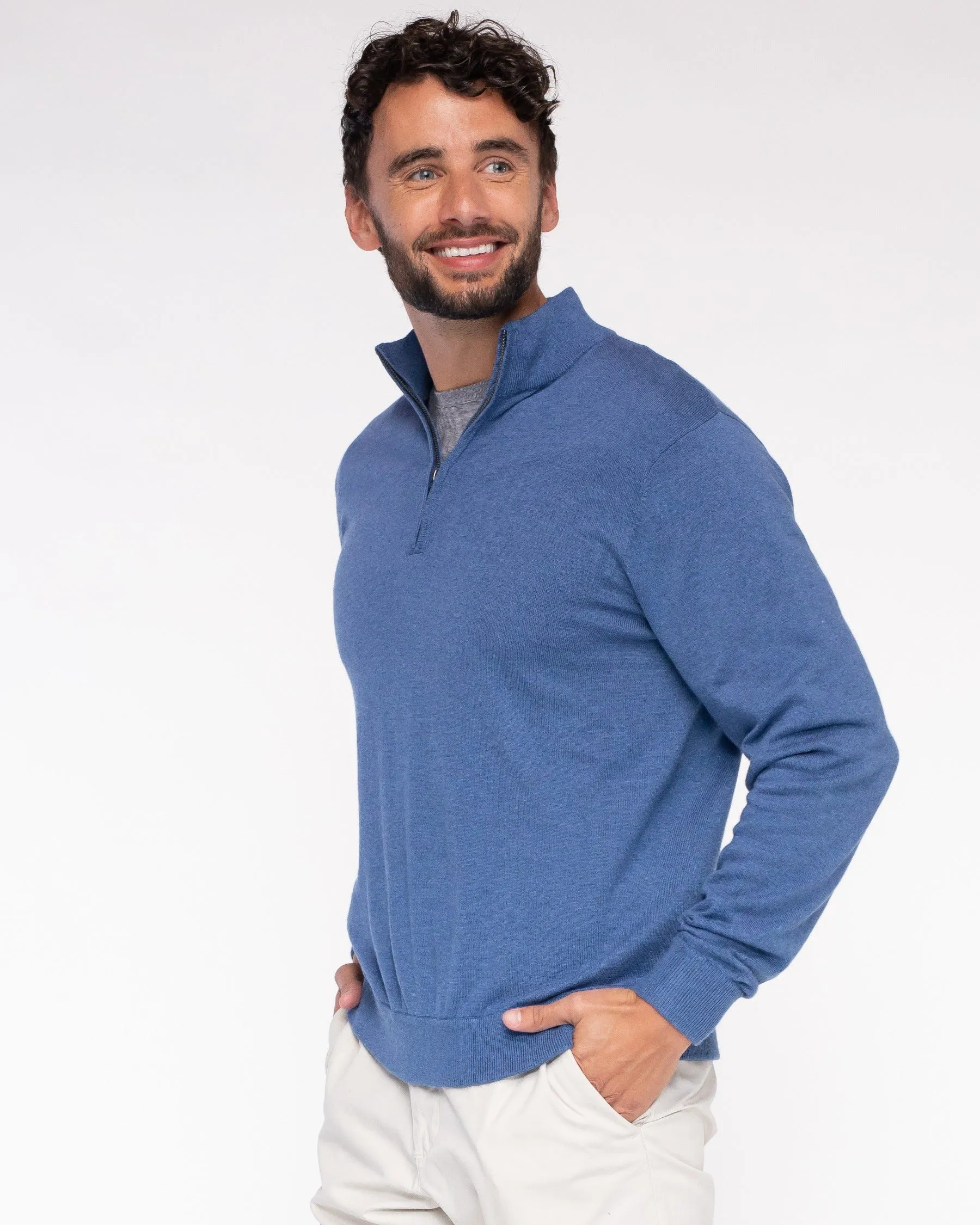 1/4 Zip Mock Neck Cotton Cashmere Blend Pullover Sweater (Choice of Colors) by Alashan Cashmere