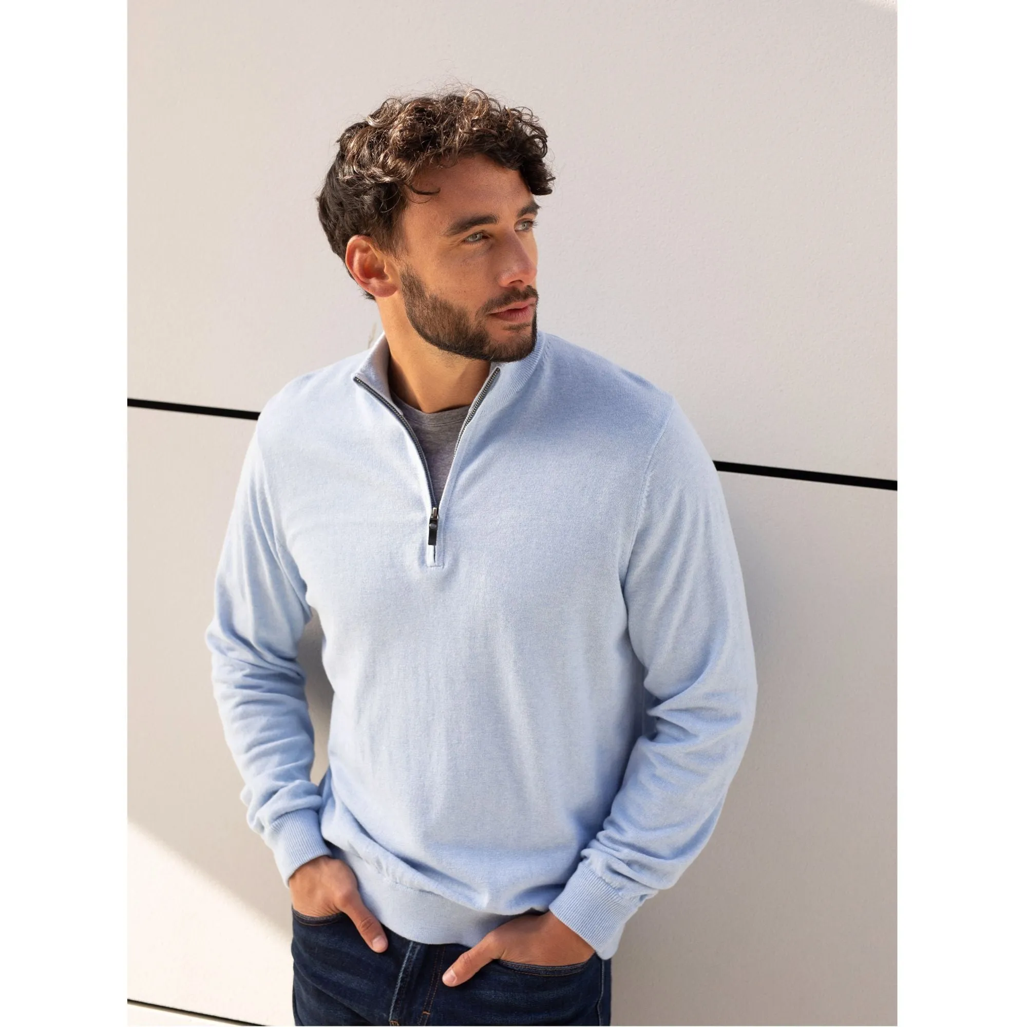 1/4 Zip Mock Neck Cotton Cashmere Blend Pullover Sweater (Choice of Colors) by Alashan Cashmere