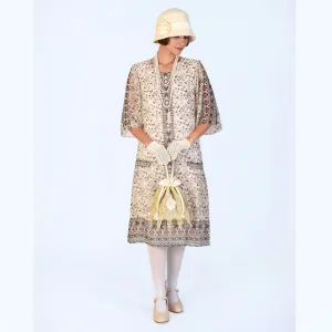 1920s chiffon high tea dress in printed cream with elbow sleeves