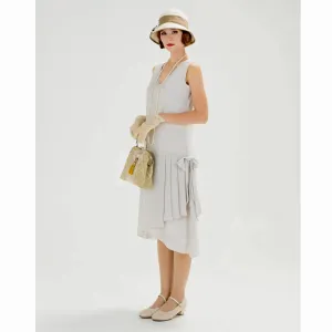 1920s flapper chiffon dress with drape & bow in bleached linen color