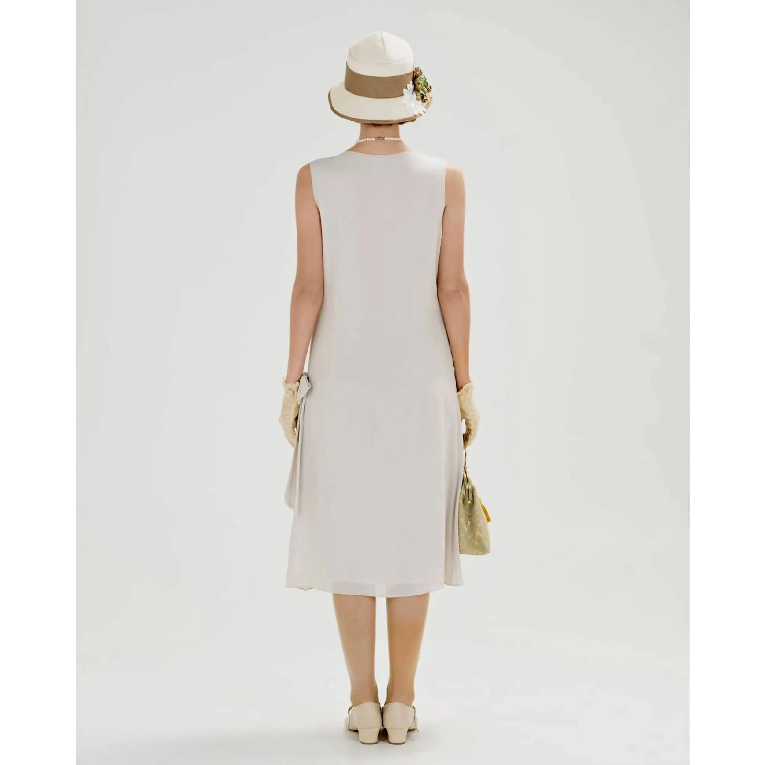 1920s flapper chiffon dress with drape & bow in bleached linen color