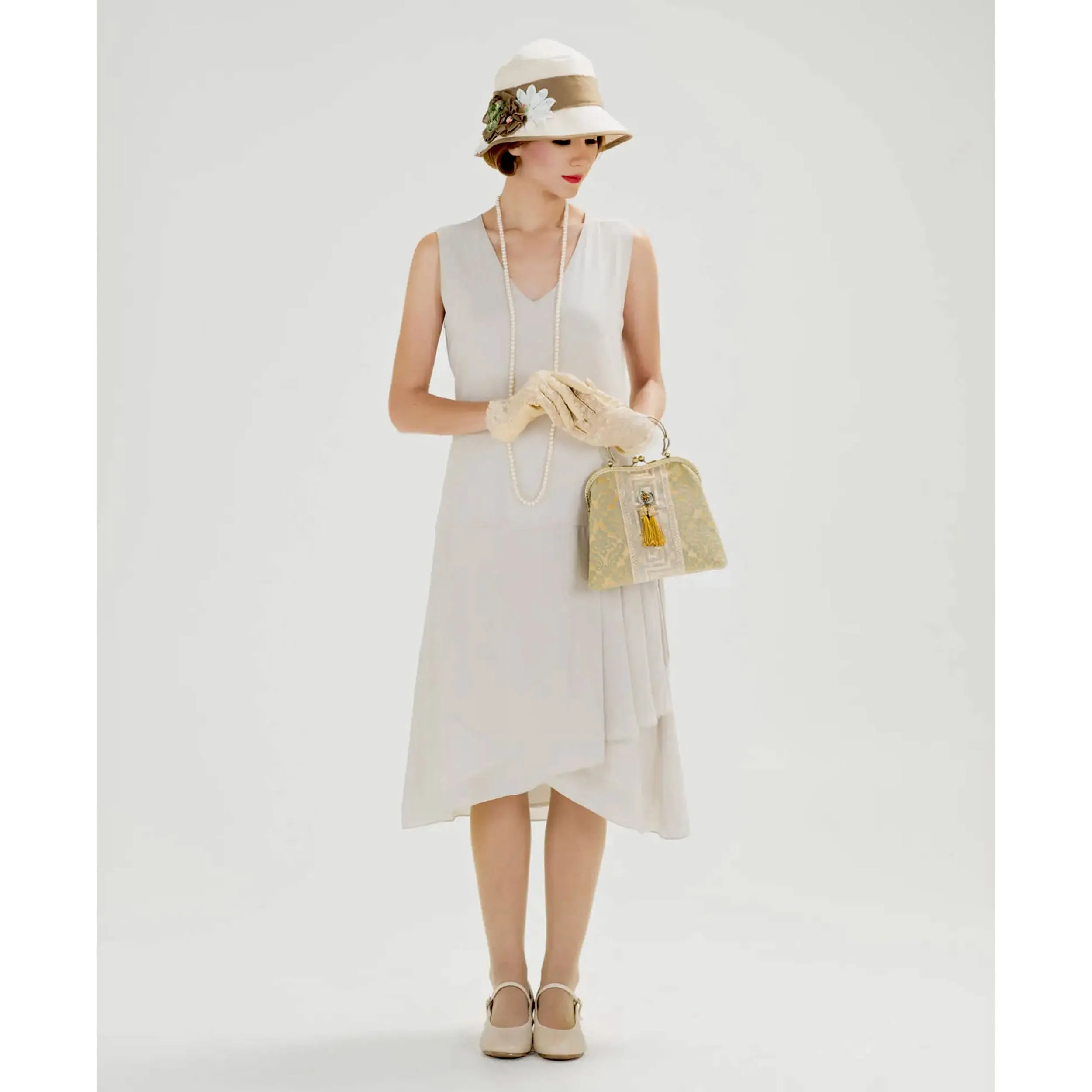 1920s flapper chiffon dress with drape & bow in bleached linen color