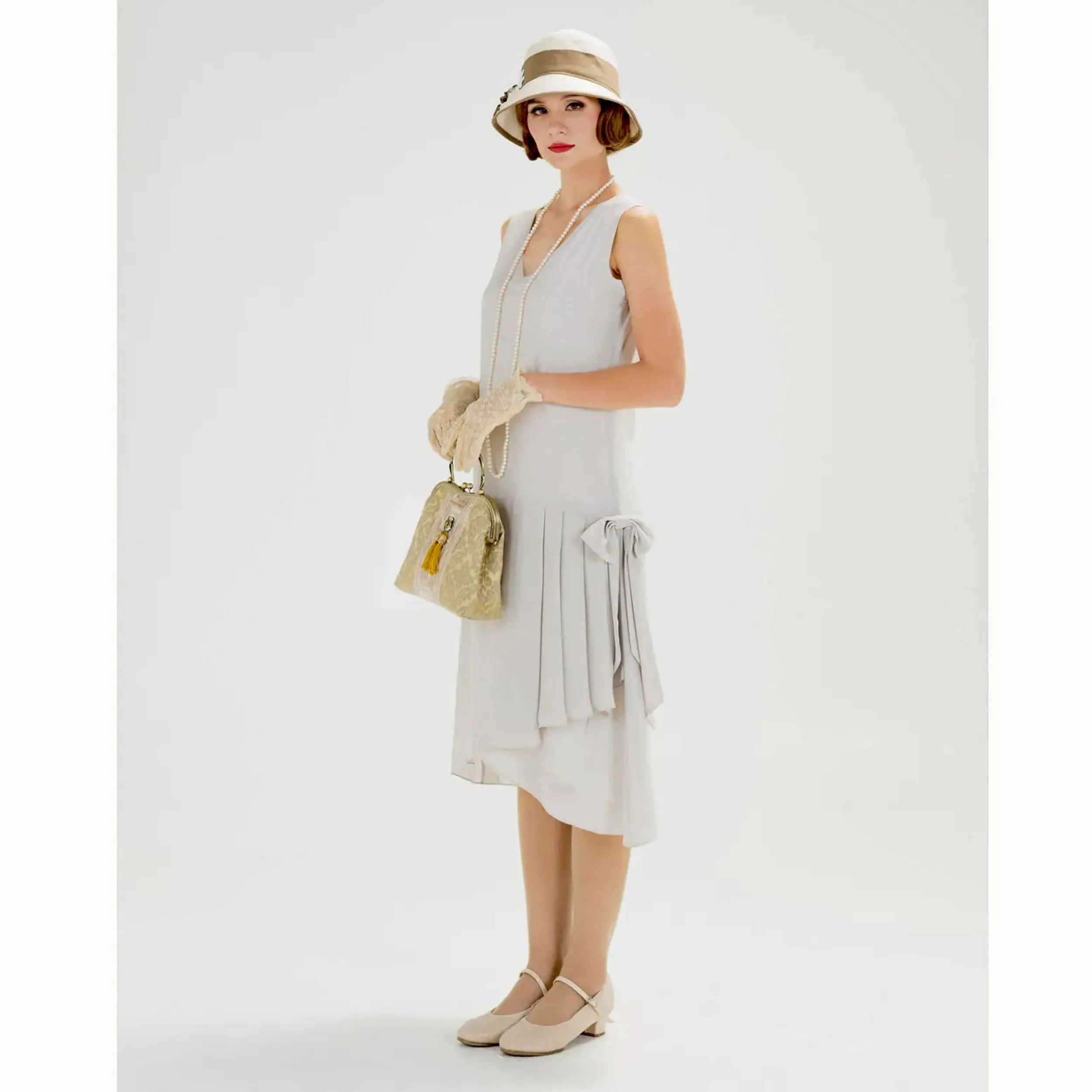 1920s flapper chiffon dress with drape & bow in bleached linen color