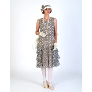 1920s Gatsby dress of chiffon with tiered skirt and tile pattern print