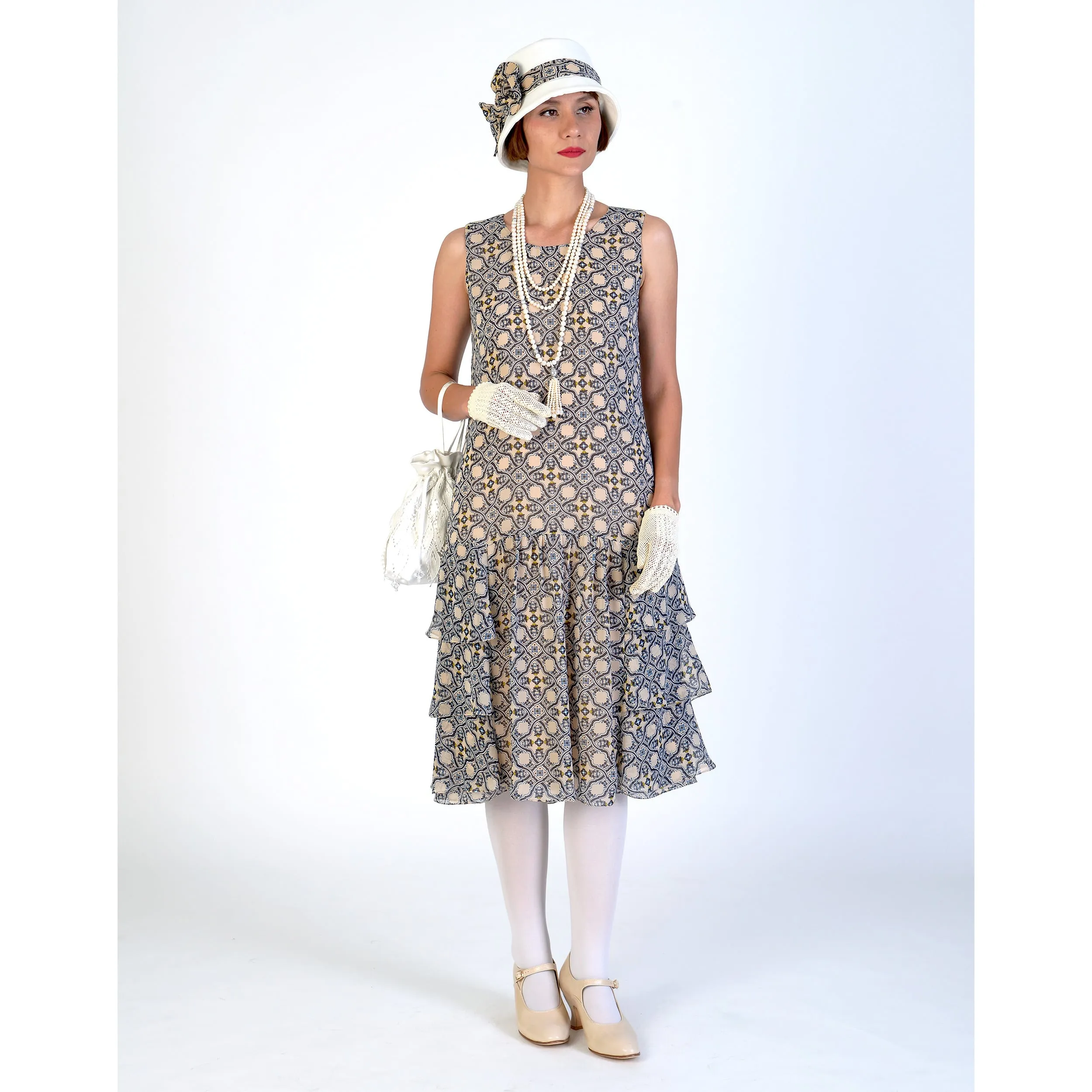 1920s Gatsby dress of chiffon with tiered skirt and tile pattern print