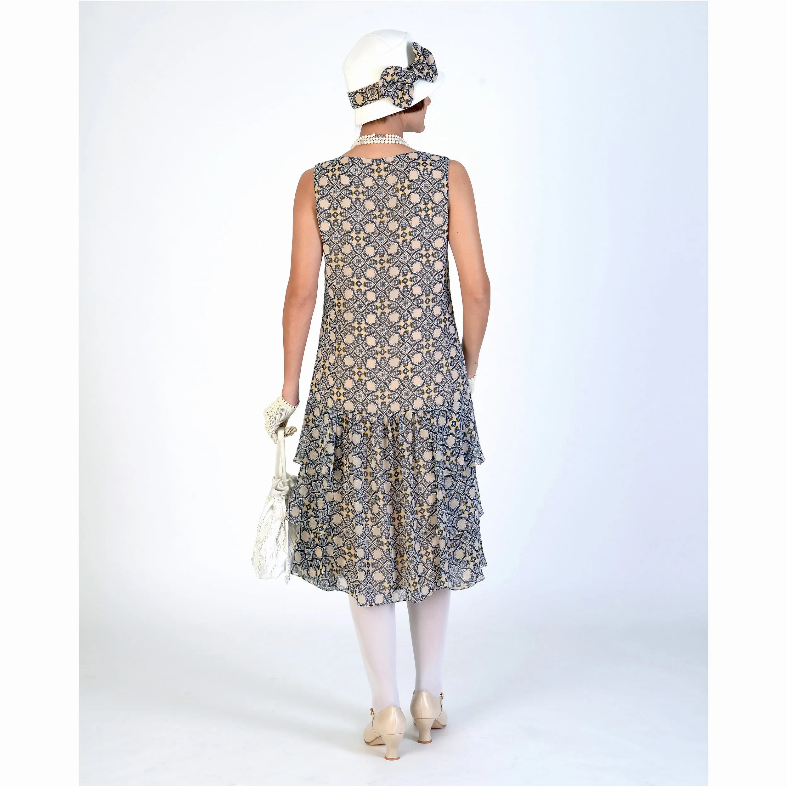 1920s Gatsby dress of chiffon with tiered skirt and tile pattern print