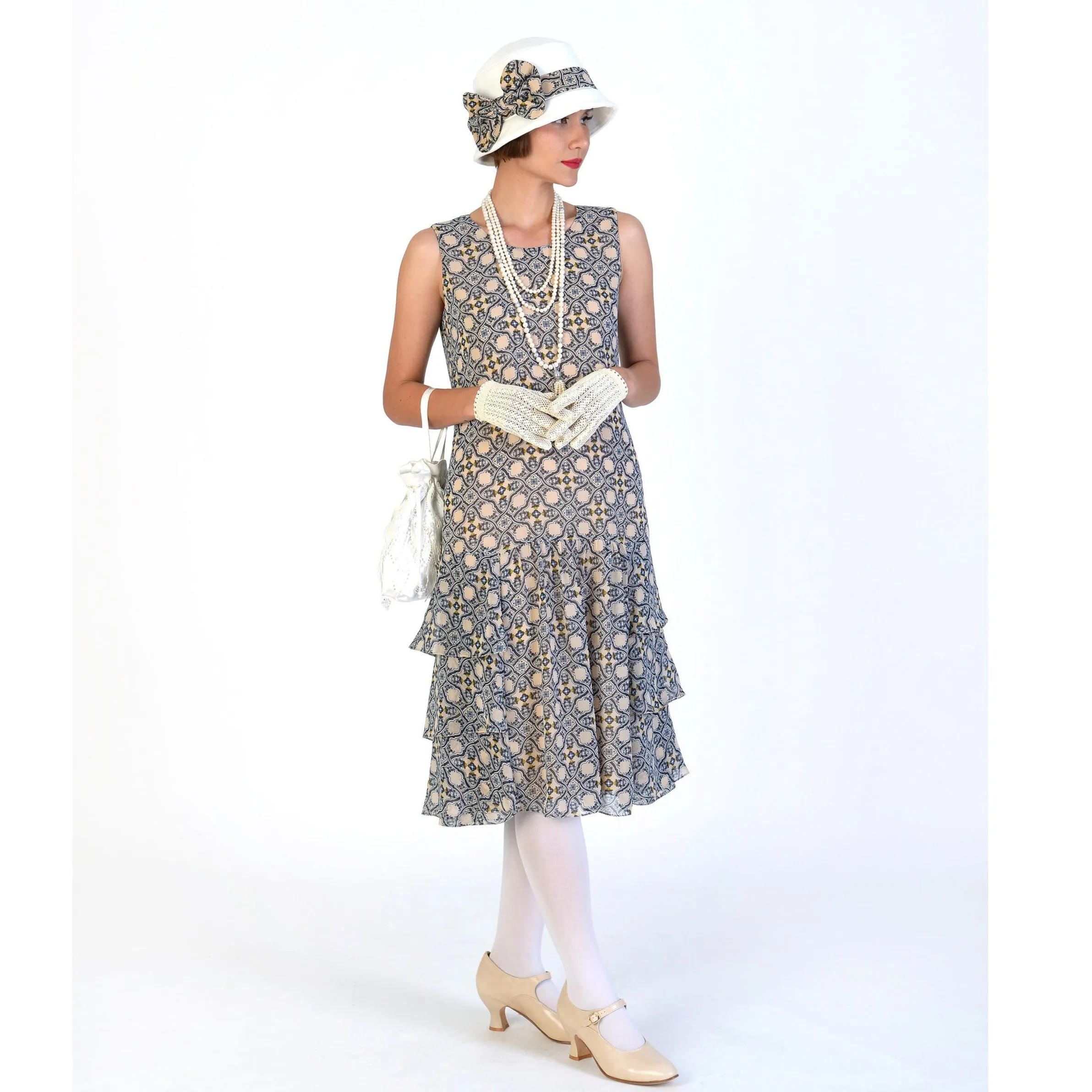 1920s Gatsby dress of chiffon with tiered skirt and tile pattern print