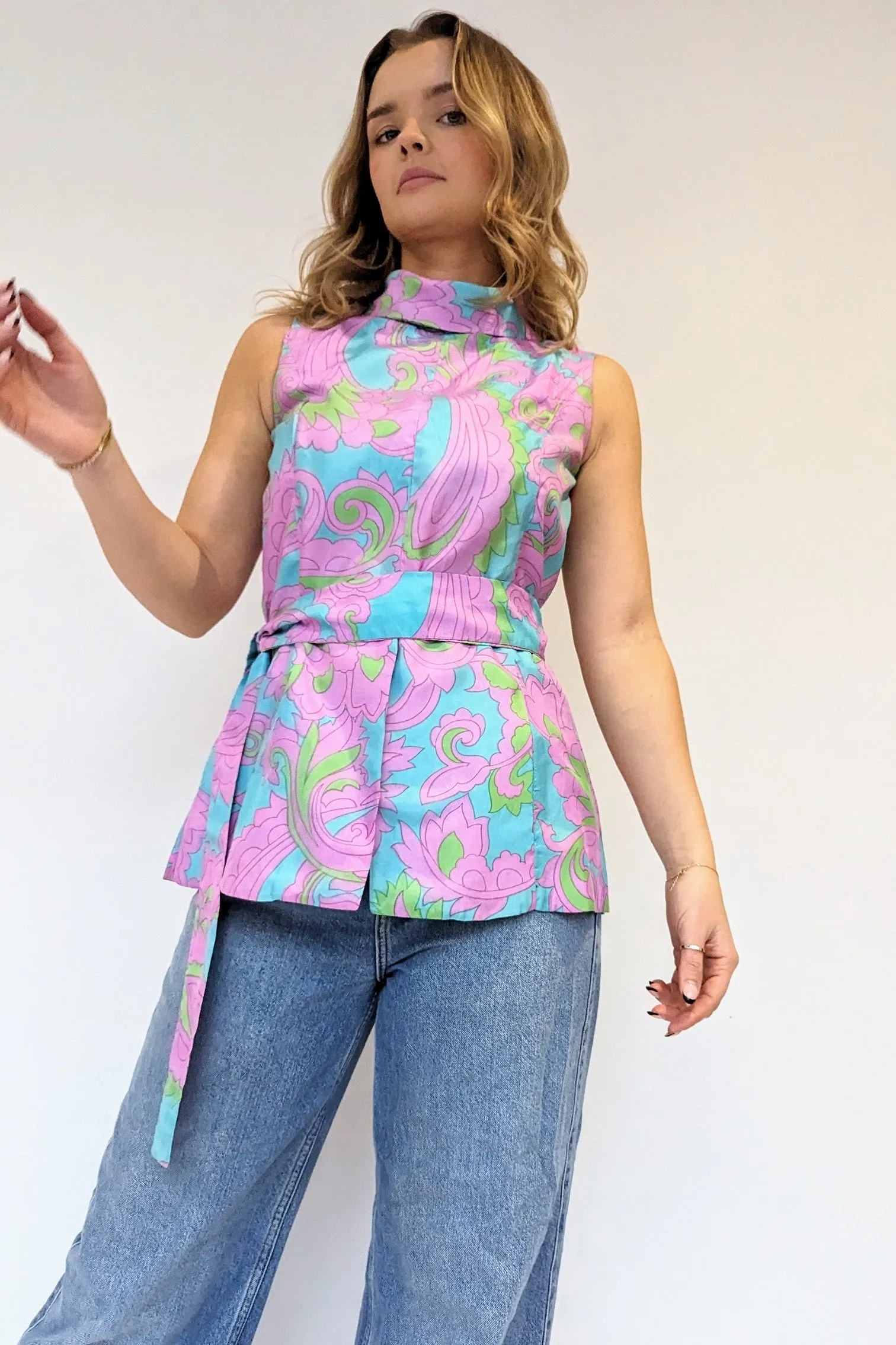 60s Silk Tunic Top with Tie Belt