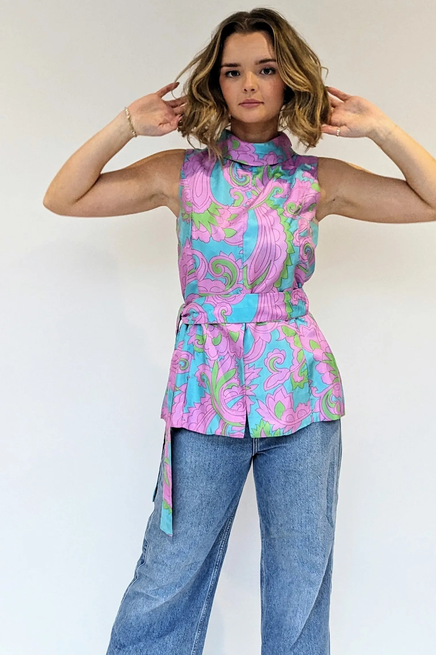 60s Silk Tunic Top with Tie Belt