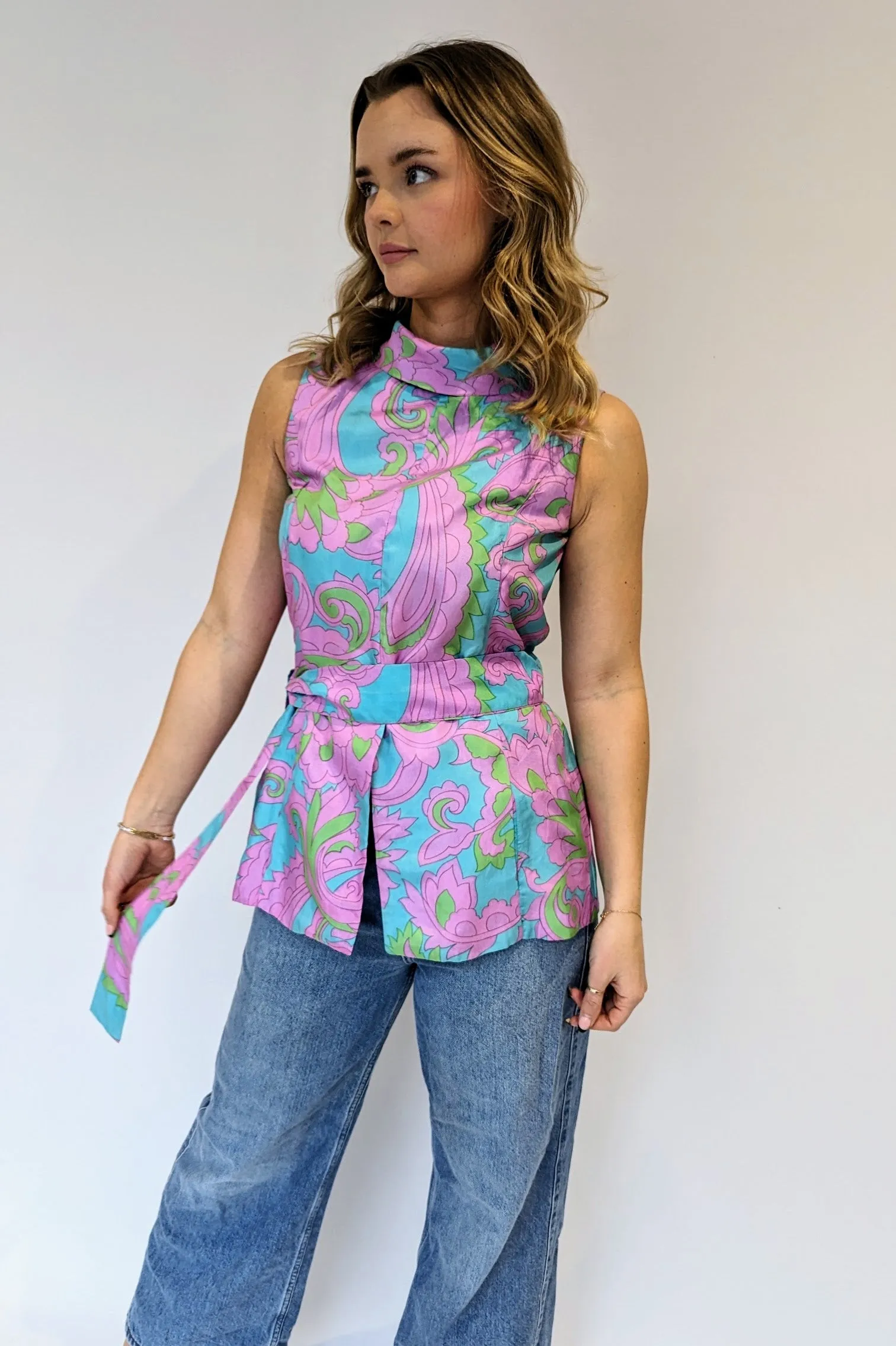 60s Silk Tunic Top with Tie Belt
