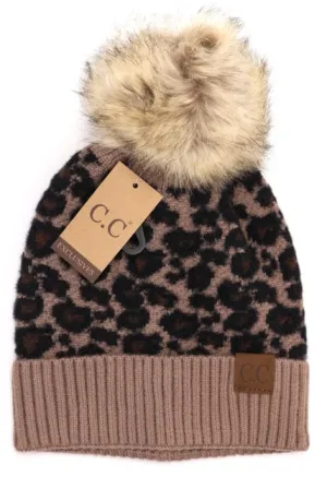 Animal Print Fur Pom CC Beanie