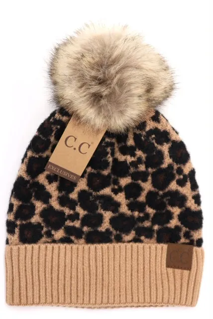 Animal Print Fur Pom CC Beanie