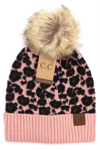 Animal Print Fur Pom CC Beanie