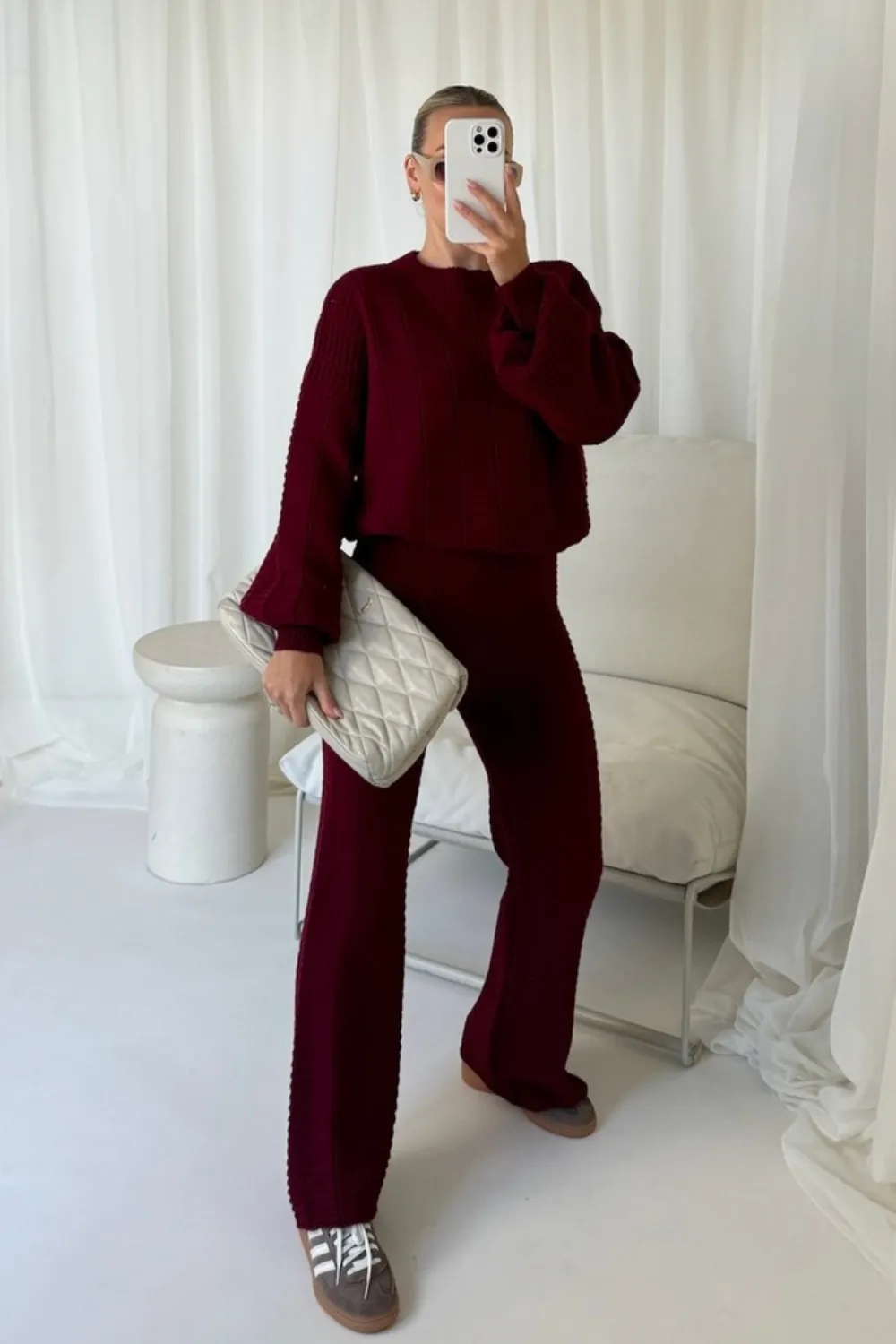 Ashley burgundy knit sweater and trousers