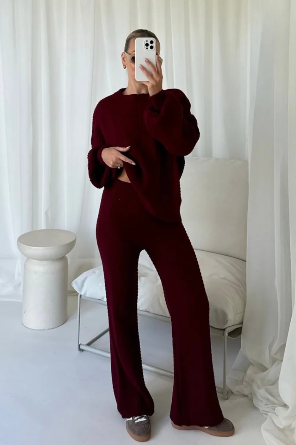 Ashley burgundy knit sweater and trousers