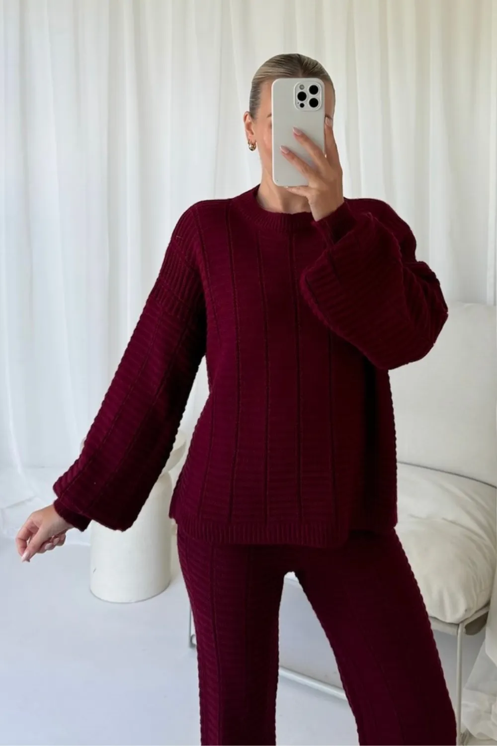 Ashley burgundy knit sweater and trousers
