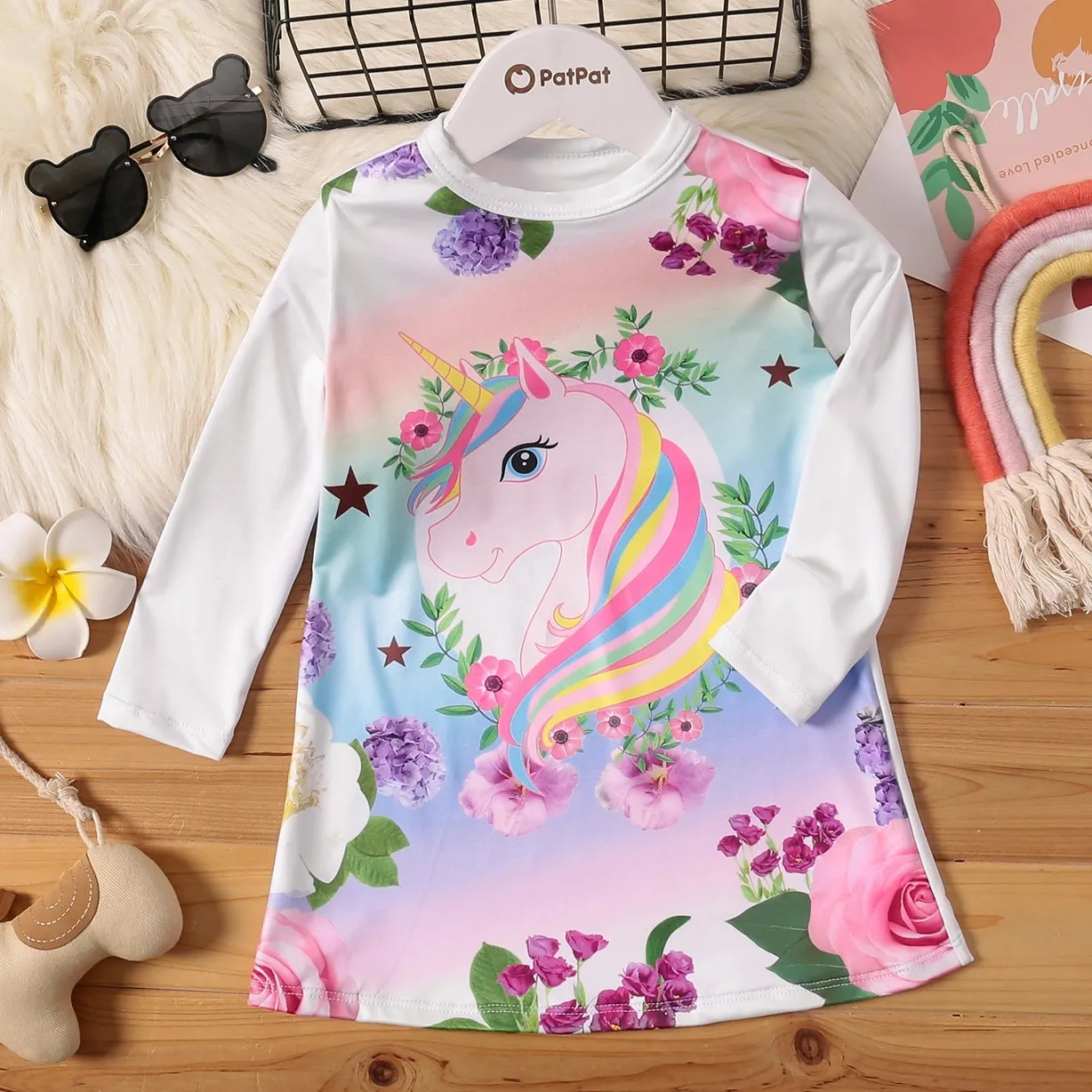 Baby/Toddler Girl Unicorn Butterfly Floral Print Long-sleeve Dress