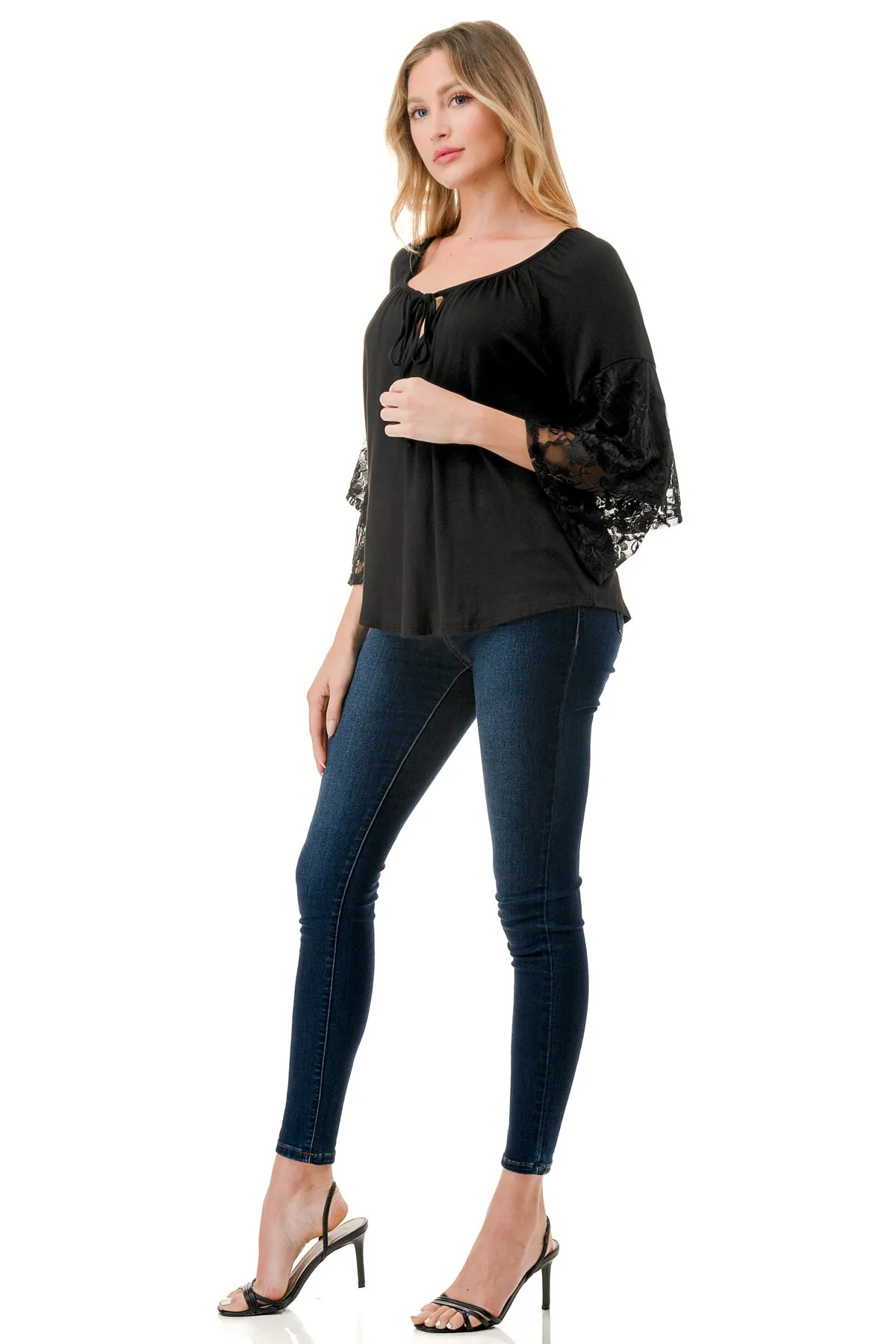 BECKY BELL SLEEVE TOP (BLACK/BLACK LACE)- VT3245