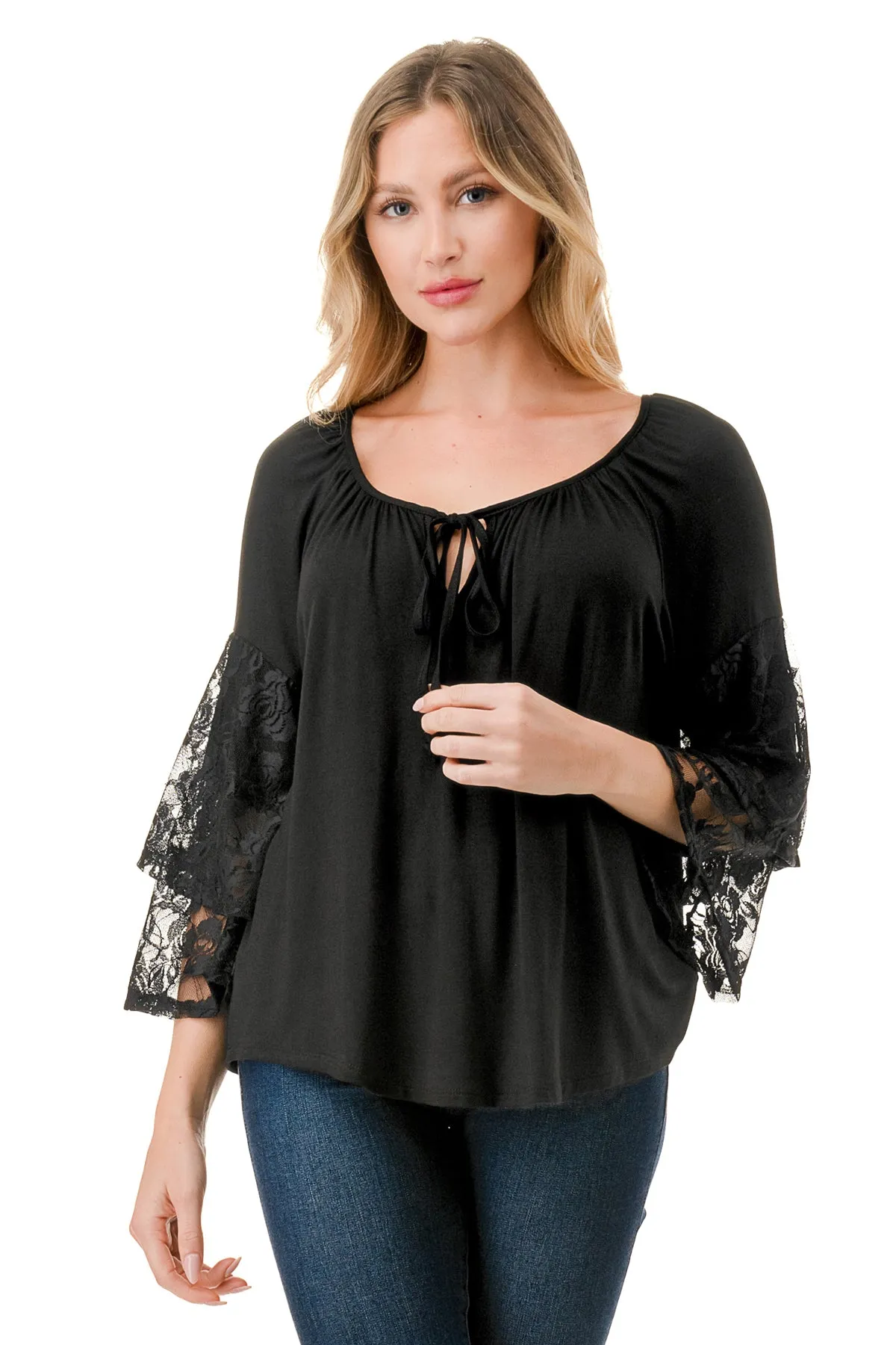 BECKY BELL SLEEVE TOP (BLACK/BLACK LACE)- VT3245
