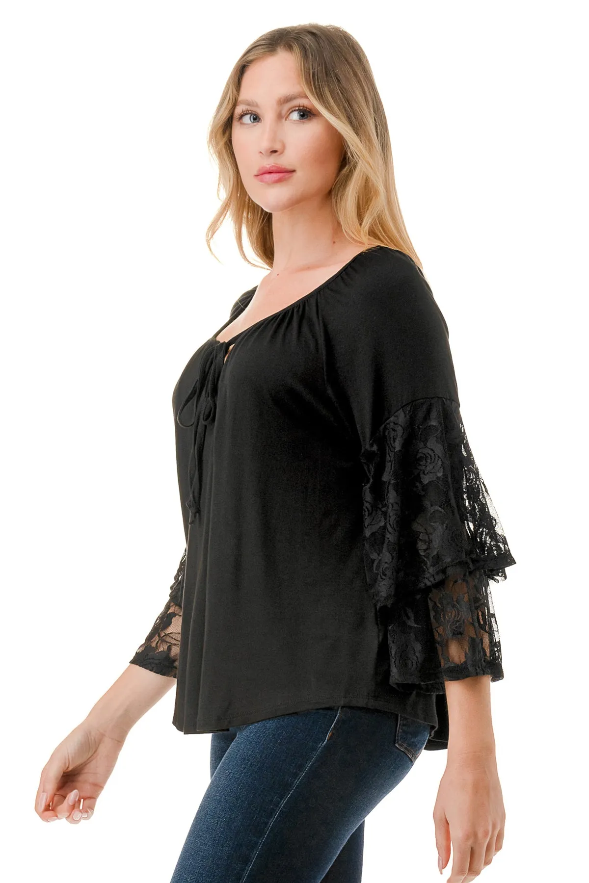 BECKY BELL SLEEVE TOP (BLACK/BLACK LACE)- VT3245