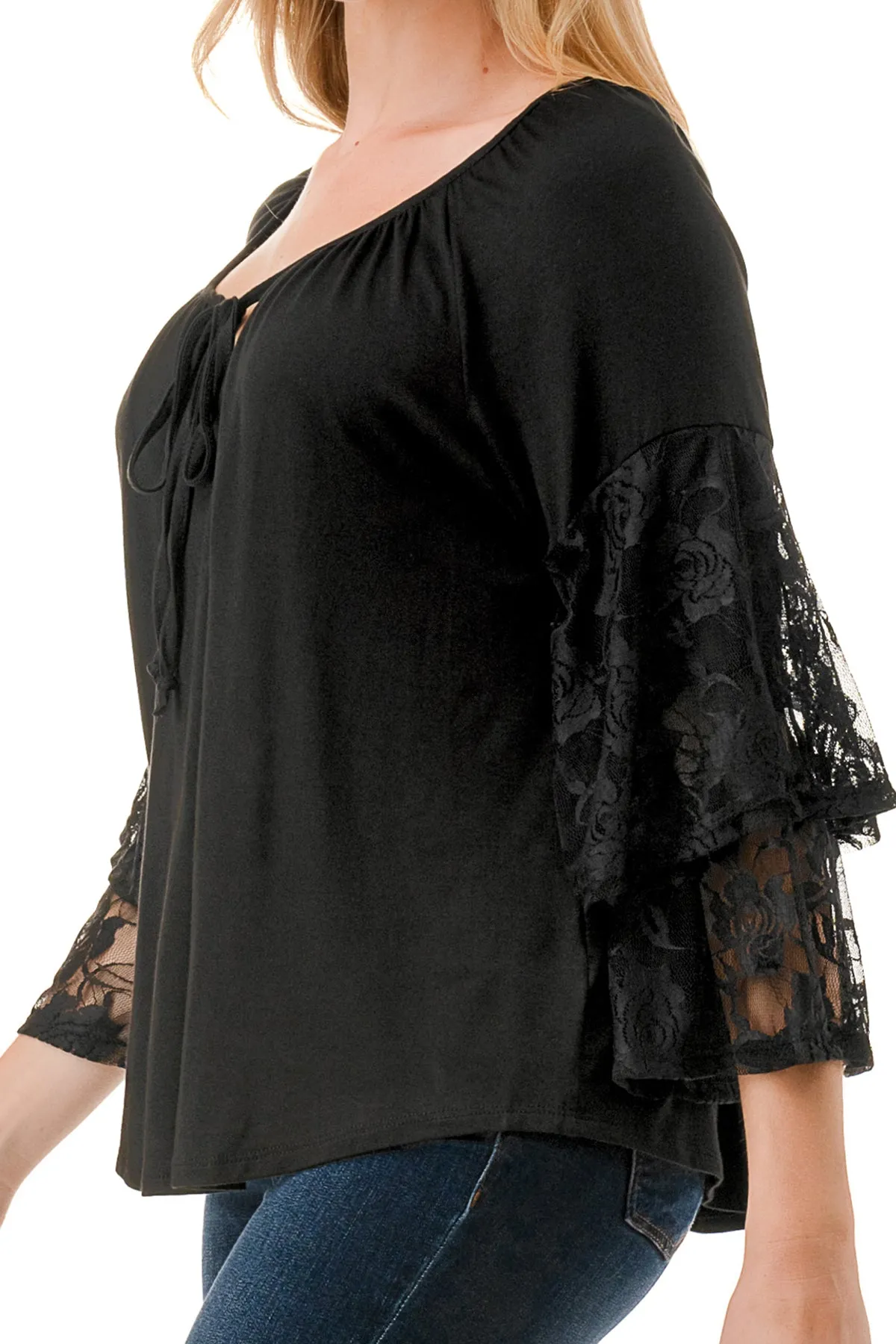 BECKY BELL SLEEVE TOP (BLACK/BLACK LACE)- VT3245