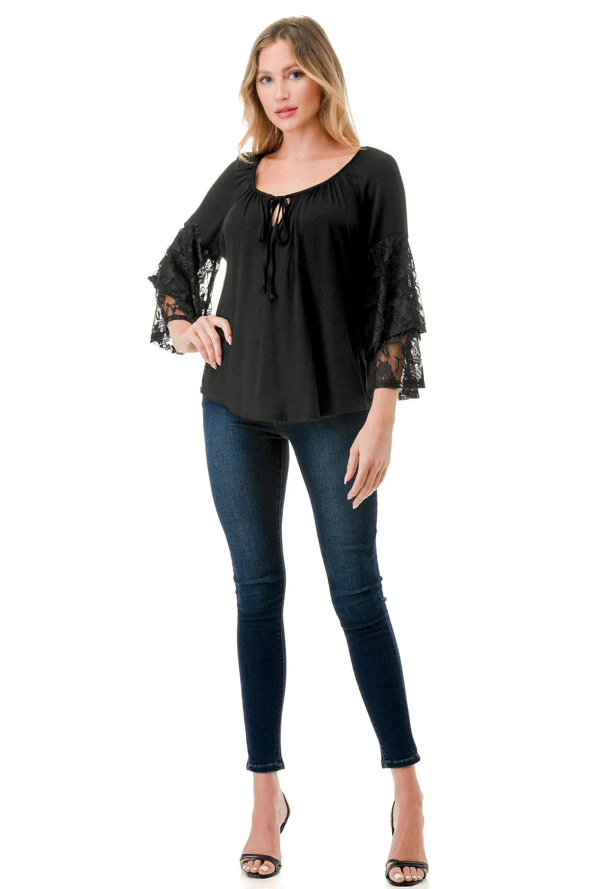 BECKY BELL SLEEVE TOP (BLACK/BLACK LACE)- VT3245