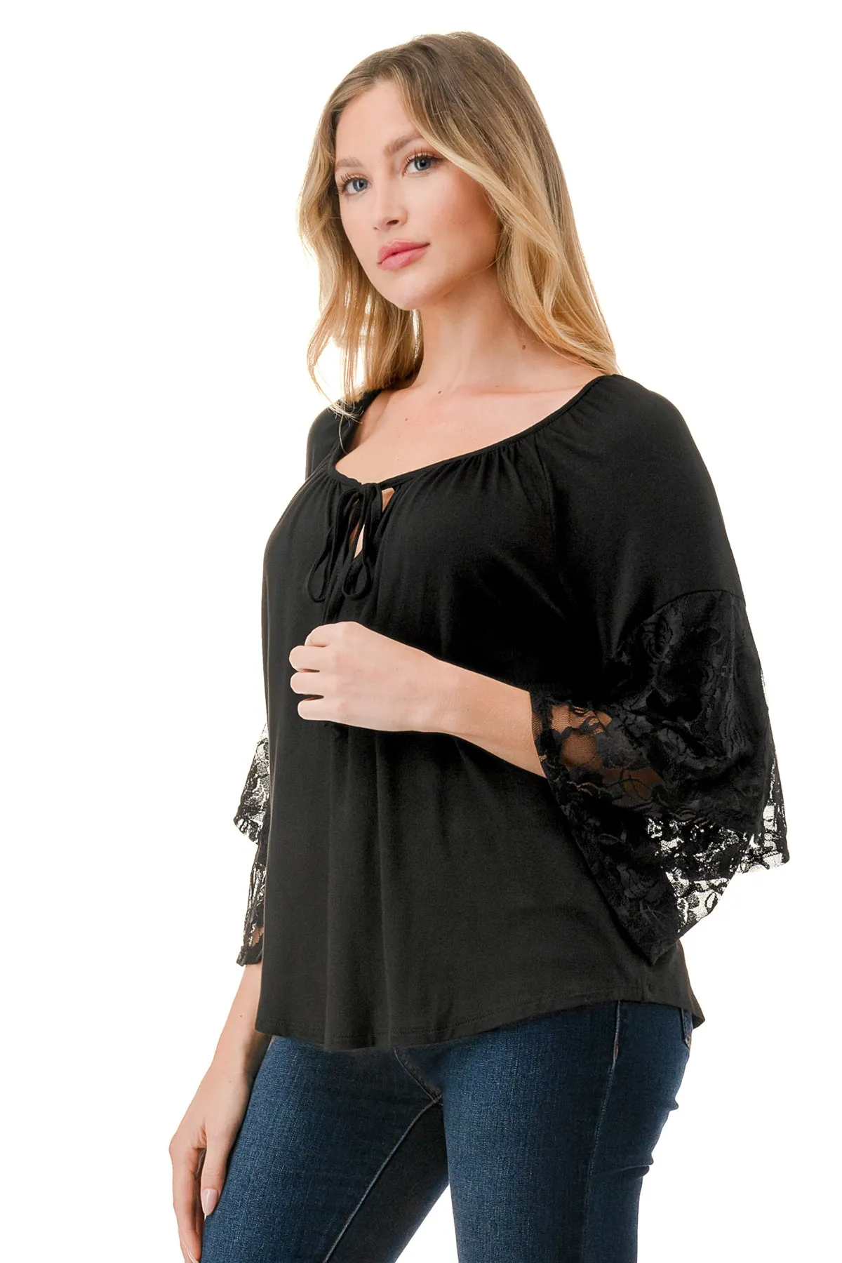 BECKY BELL SLEEVE TOP (BLACK/BLACK LACE)- VT3245