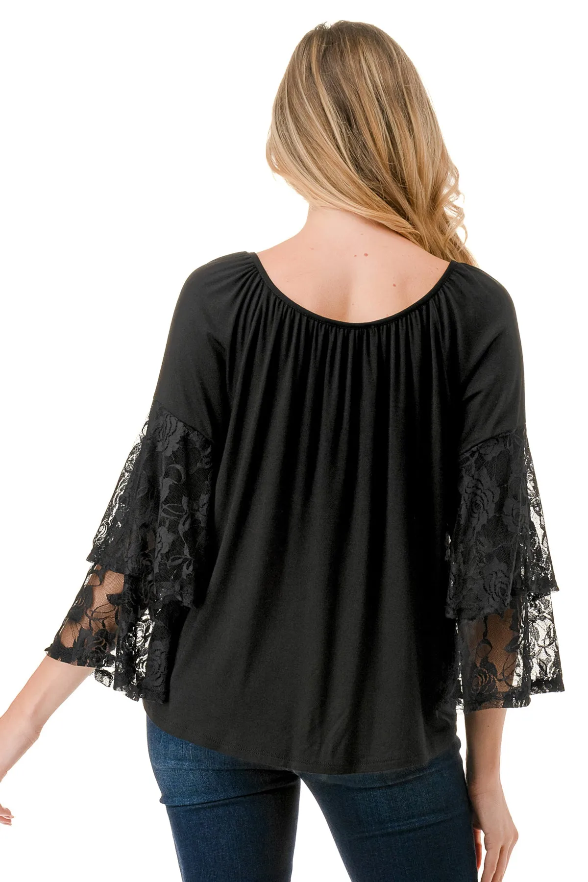 BECKY BELL SLEEVE TOP (BLACK/BLACK LACE)- VT3245