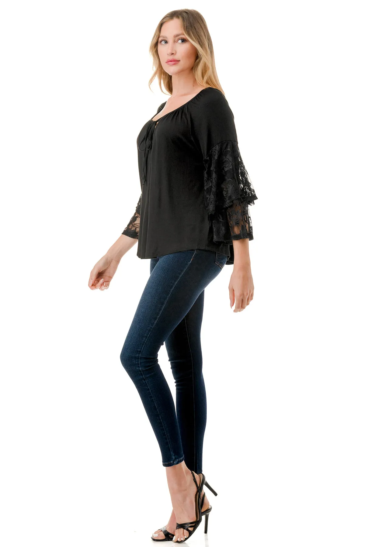 BECKY BELL SLEEVE TOP (BLACK/BLACK LACE)- VT3245