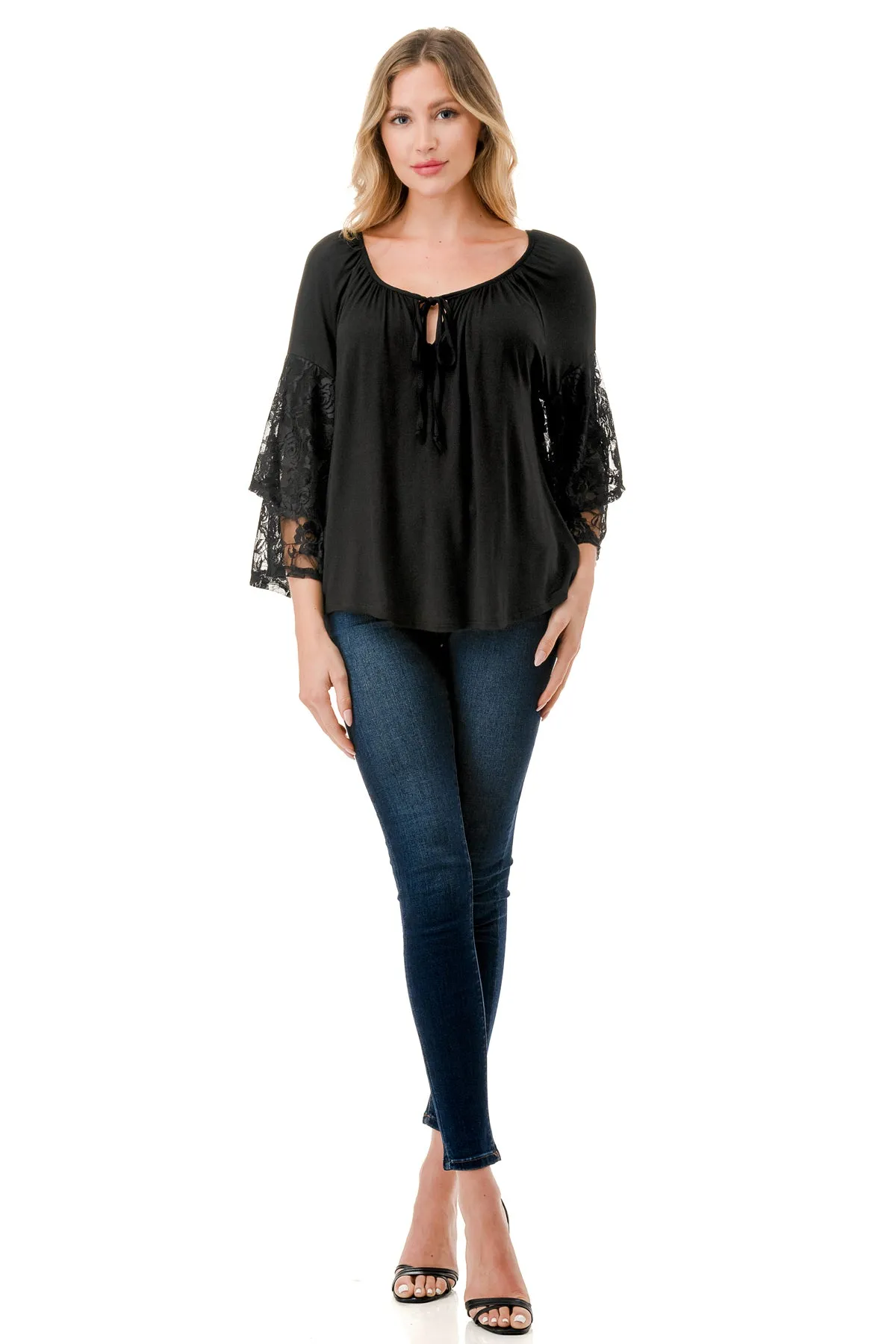 BECKY BELL SLEEVE TOP (BLACK/BLACK LACE)- VT3245