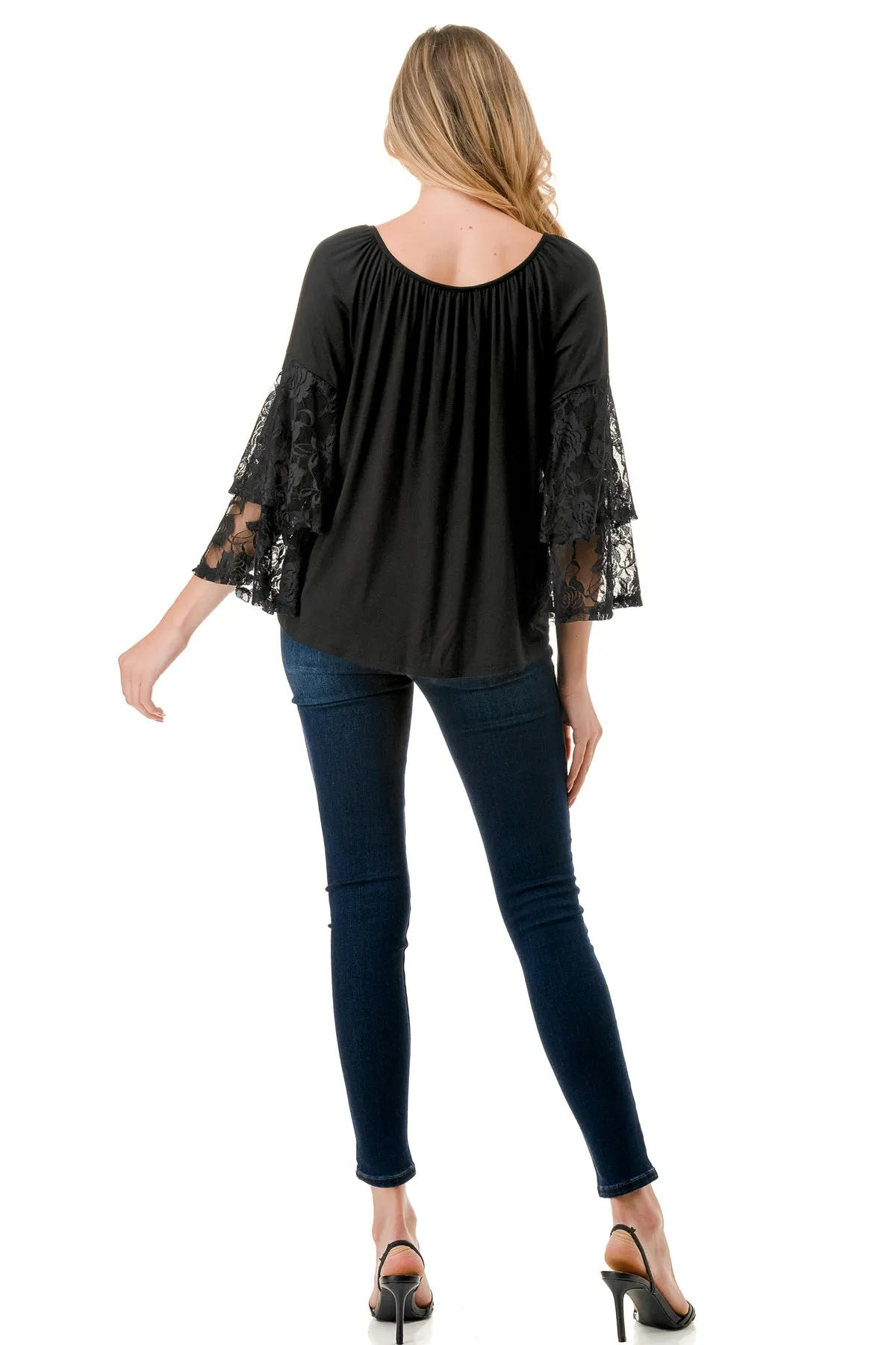 BECKY BELL SLEEVE TOP (BLACK/BLACK LACE)- VT3245