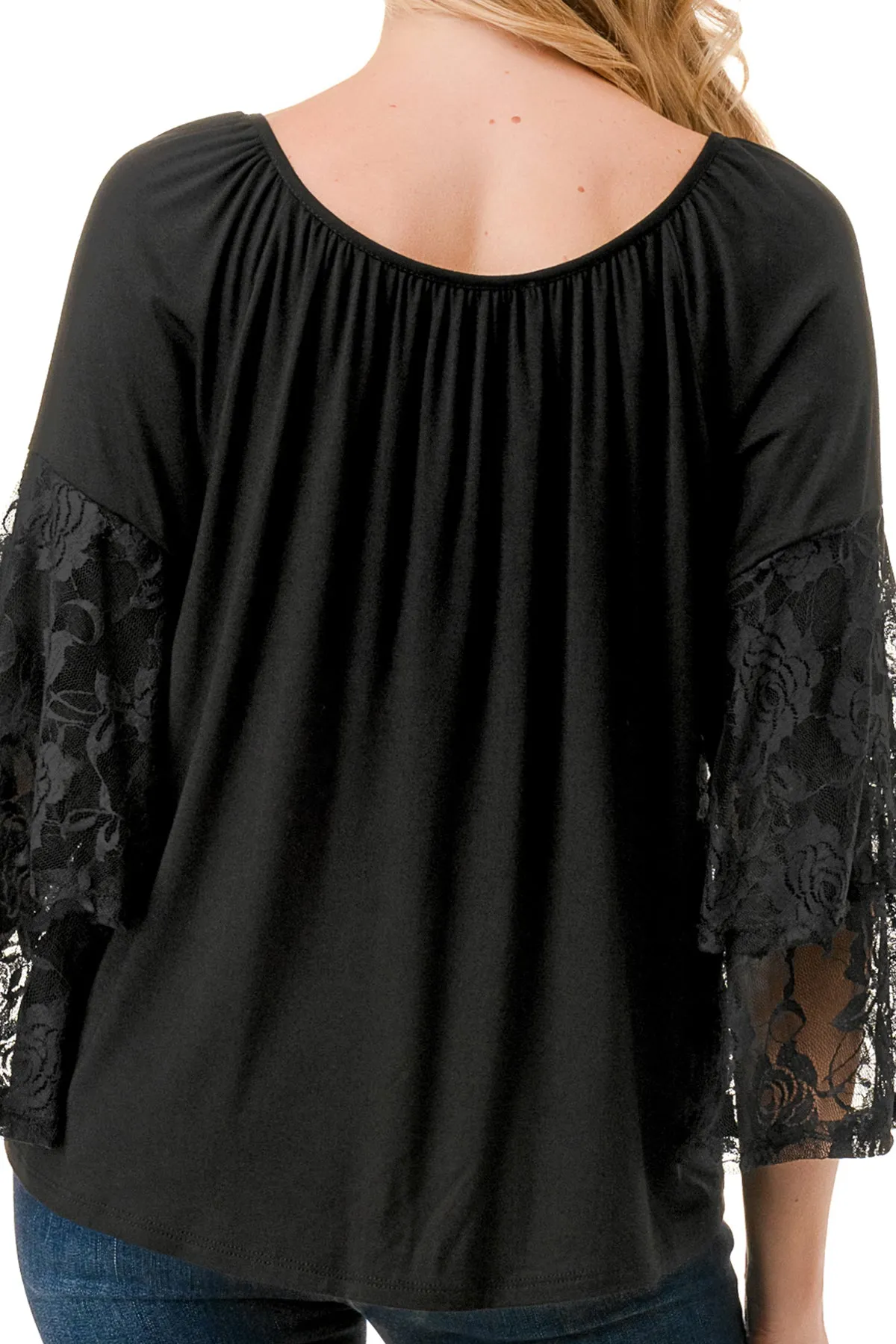 BECKY BELL SLEEVE TOP (BLACK/BLACK LACE)- VT3245