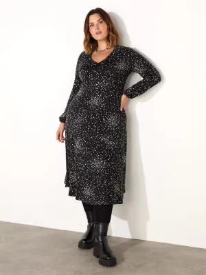 Black Heart Print Gathered V-Neck Jersey Dress