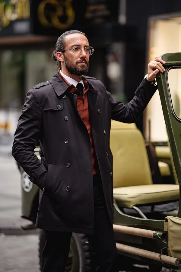 Black Slim Fit Double Breasted Long Coat by gentwith