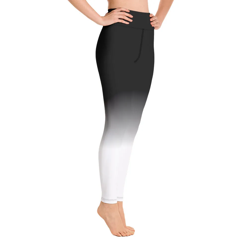 Black White Ombre Yoga Leggings Women, High Waisted Pants Cute Printed Graphic Workout Running Gym Designer Tights