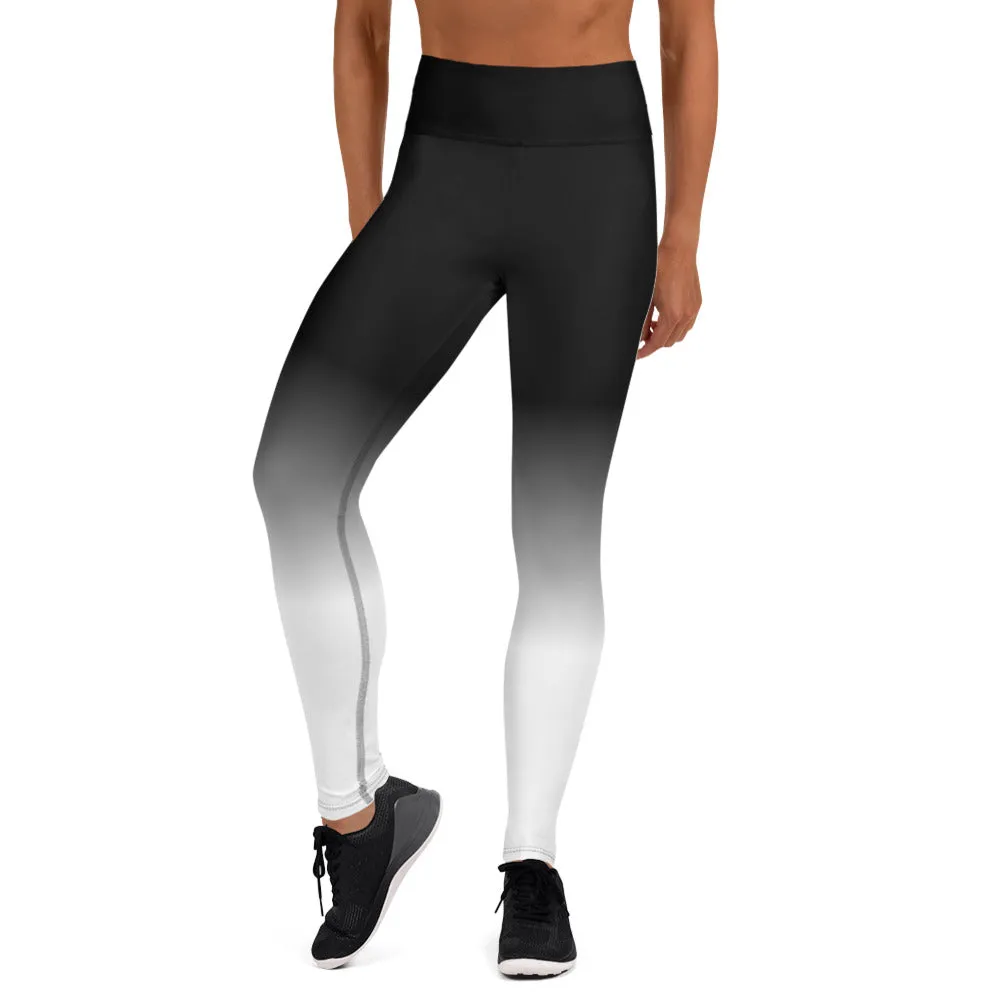Black White Ombre Yoga Leggings Women, High Waisted Pants Cute Printed Graphic Workout Running Gym Designer Tights