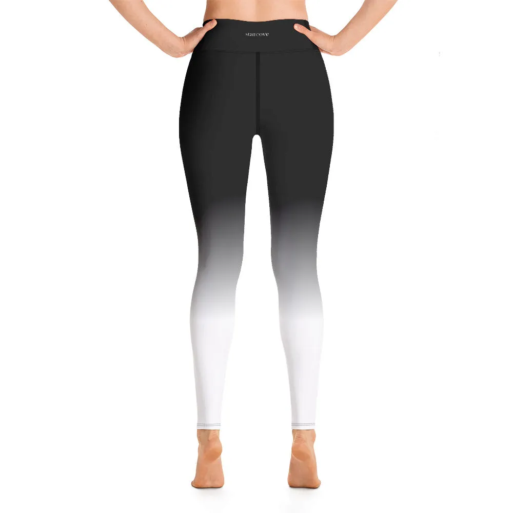 Black White Ombre Yoga Leggings Women, High Waisted Pants Cute Printed Graphic Workout Running Gym Designer Tights