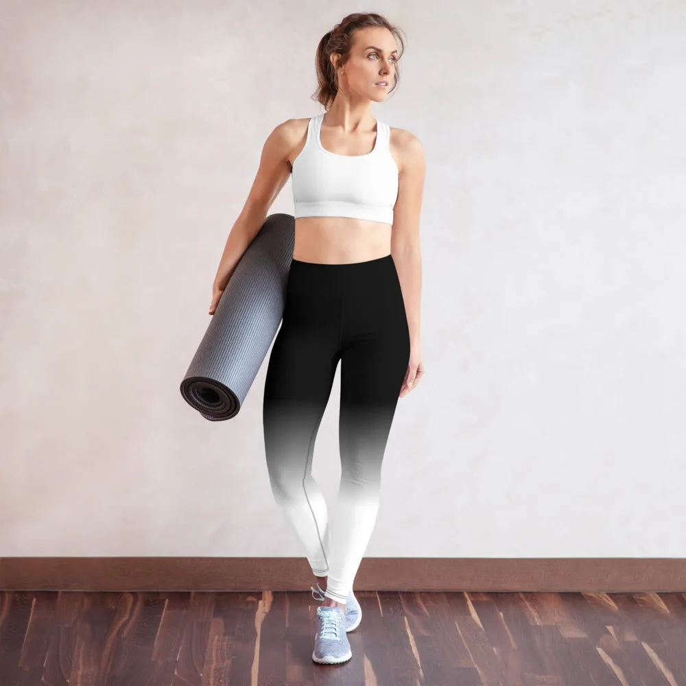 Black White Ombre Yoga Leggings Women, High Waisted Pants Cute Printed Graphic Workout Running Gym Designer Tights