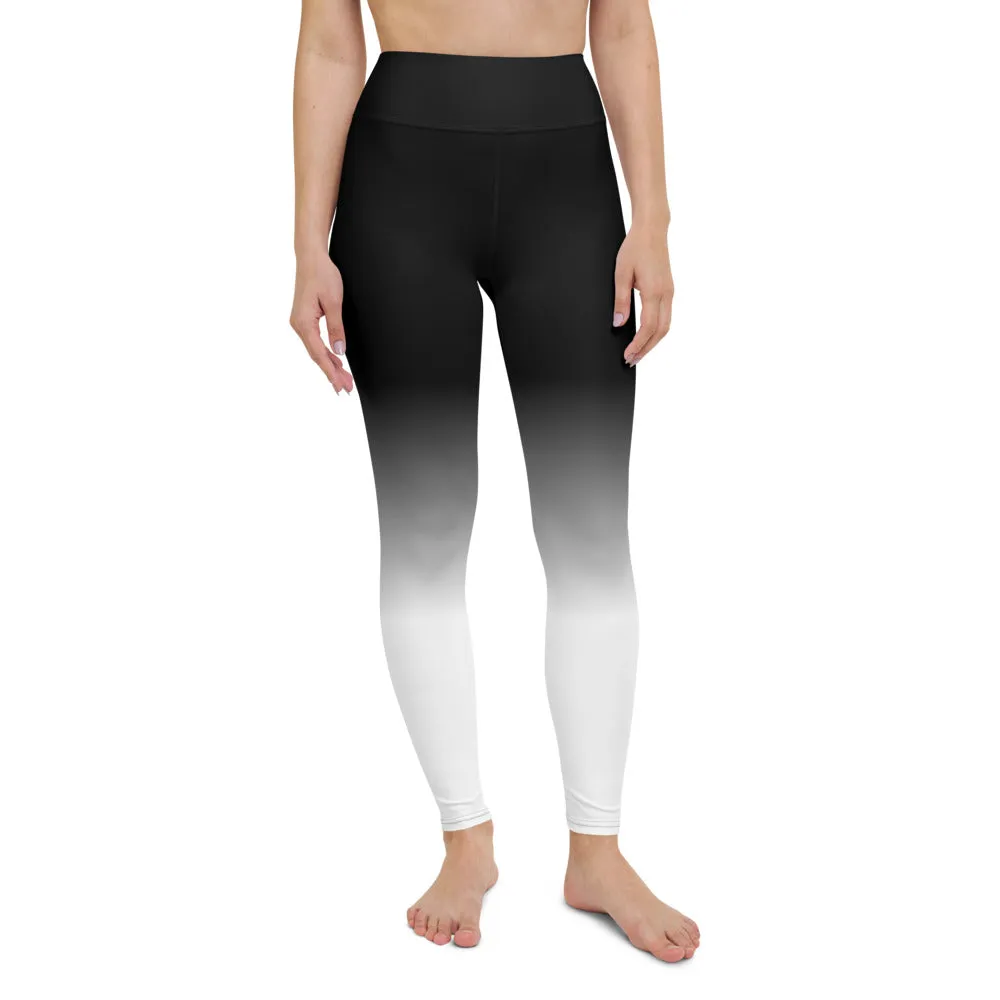 Black White Ombre Yoga Leggings Women, High Waisted Pants Cute Printed Graphic Workout Running Gym Designer Tights
