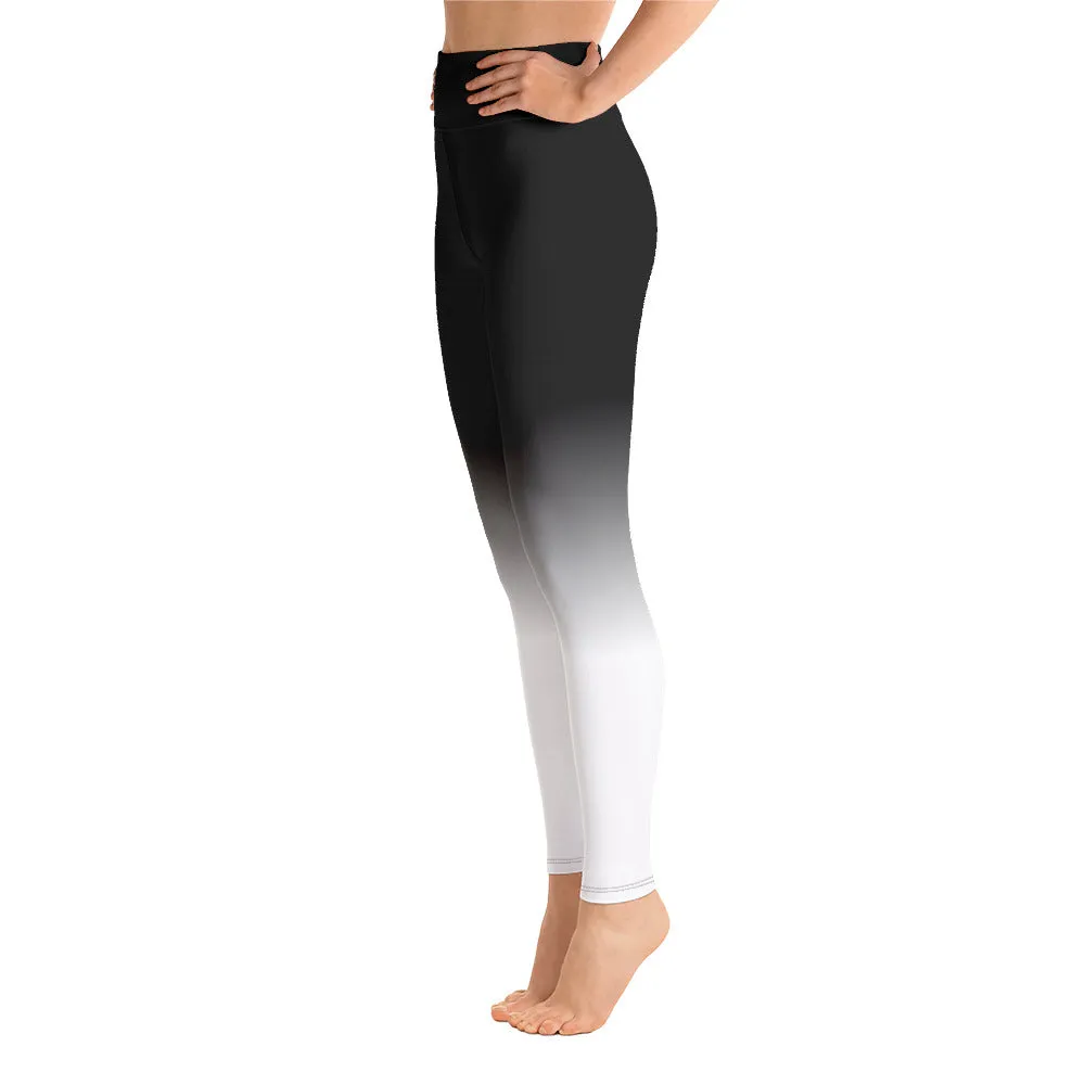 Black White Ombre Yoga Leggings Women, High Waisted Pants Cute Printed Graphic Workout Running Gym Designer Tights