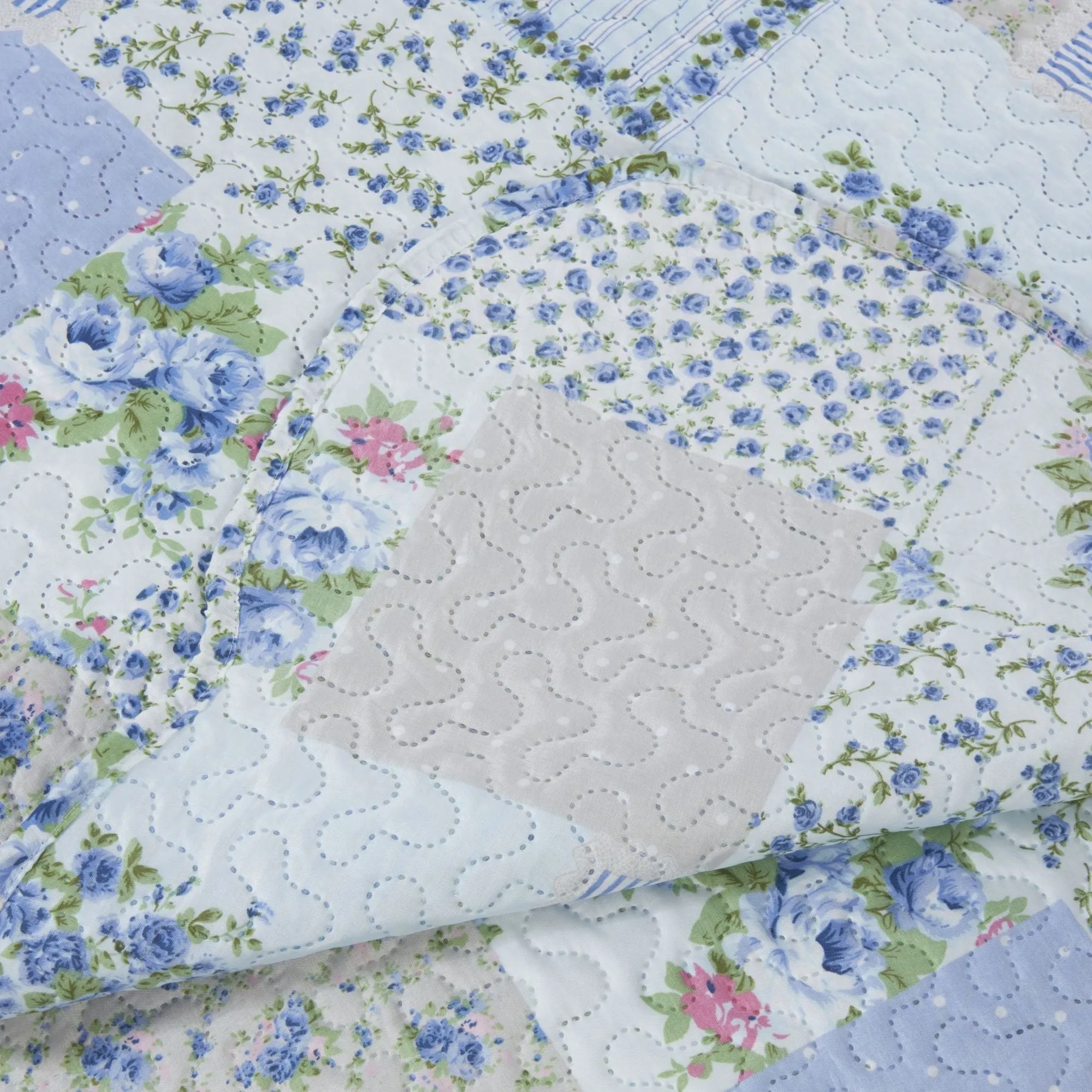 Blue Cotswold Quilted Patchwork Bedspread Set