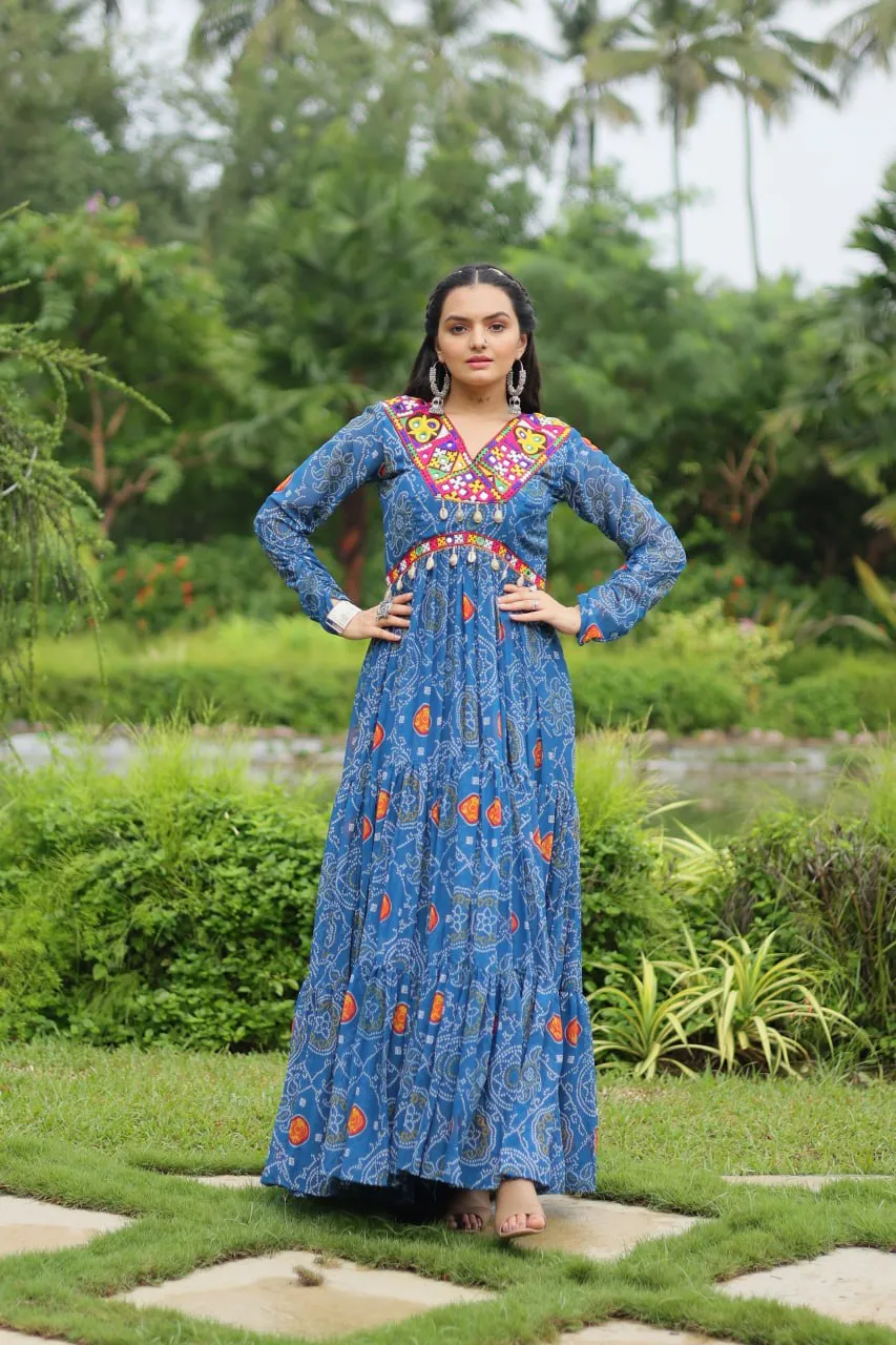 Blue Elegant Bandhani Print Gown with Kutchi Patchwork in Faux Georgette