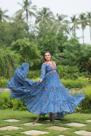 Blue Elegant Bandhani Print Gown with Kutchi Patchwork in Faux Georgette