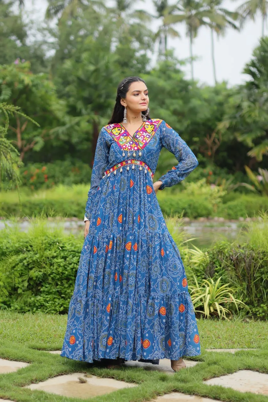 Blue Elegant Bandhani Print Gown with Kutchi Patchwork in Faux Georgette