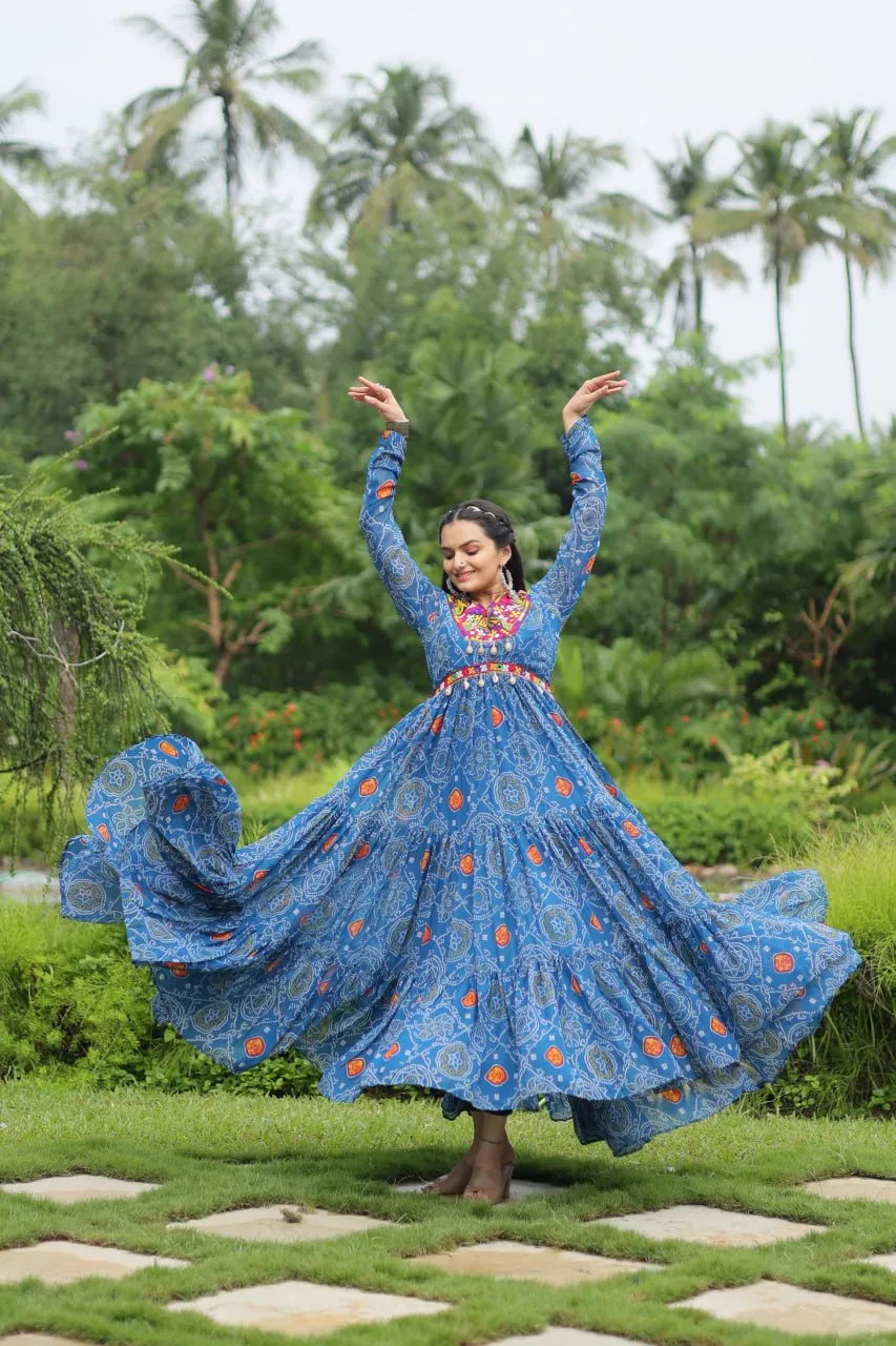 Blue Elegant Bandhani Print Gown with Kutchi Patchwork in Faux Georgette
