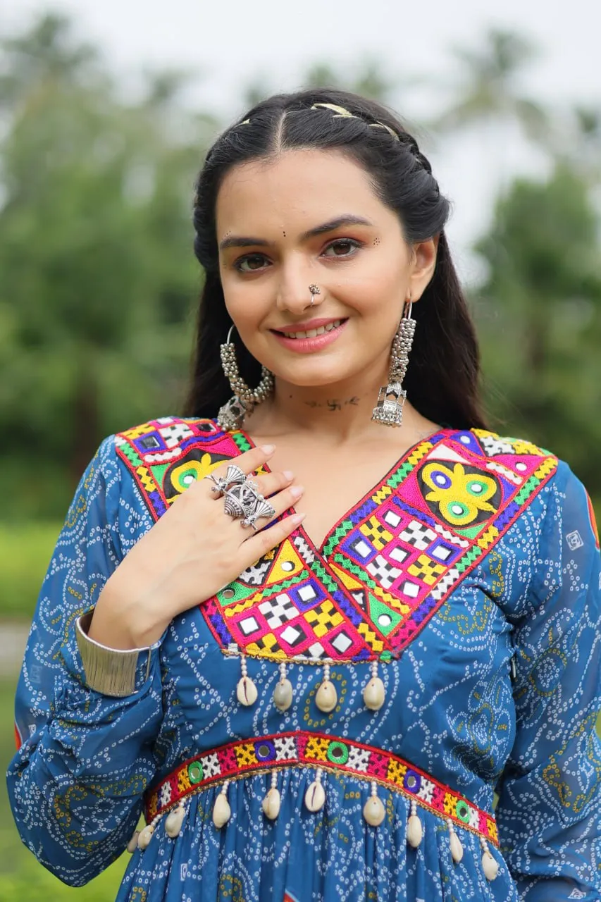Blue Elegant Bandhani Print Gown with Kutchi Patchwork in Faux Georgette