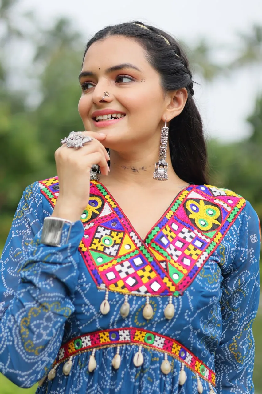 Blue Elegant Bandhani Print Gown with Kutchi Patchwork in Faux Georgette