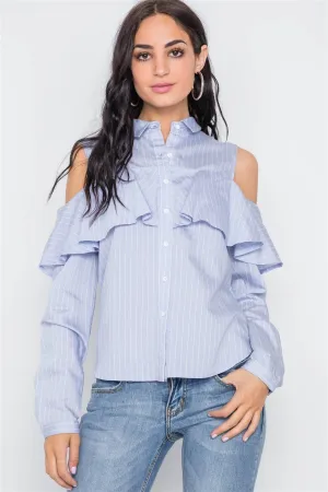 Blue Stripe Cold Shoulder Button Down Top
