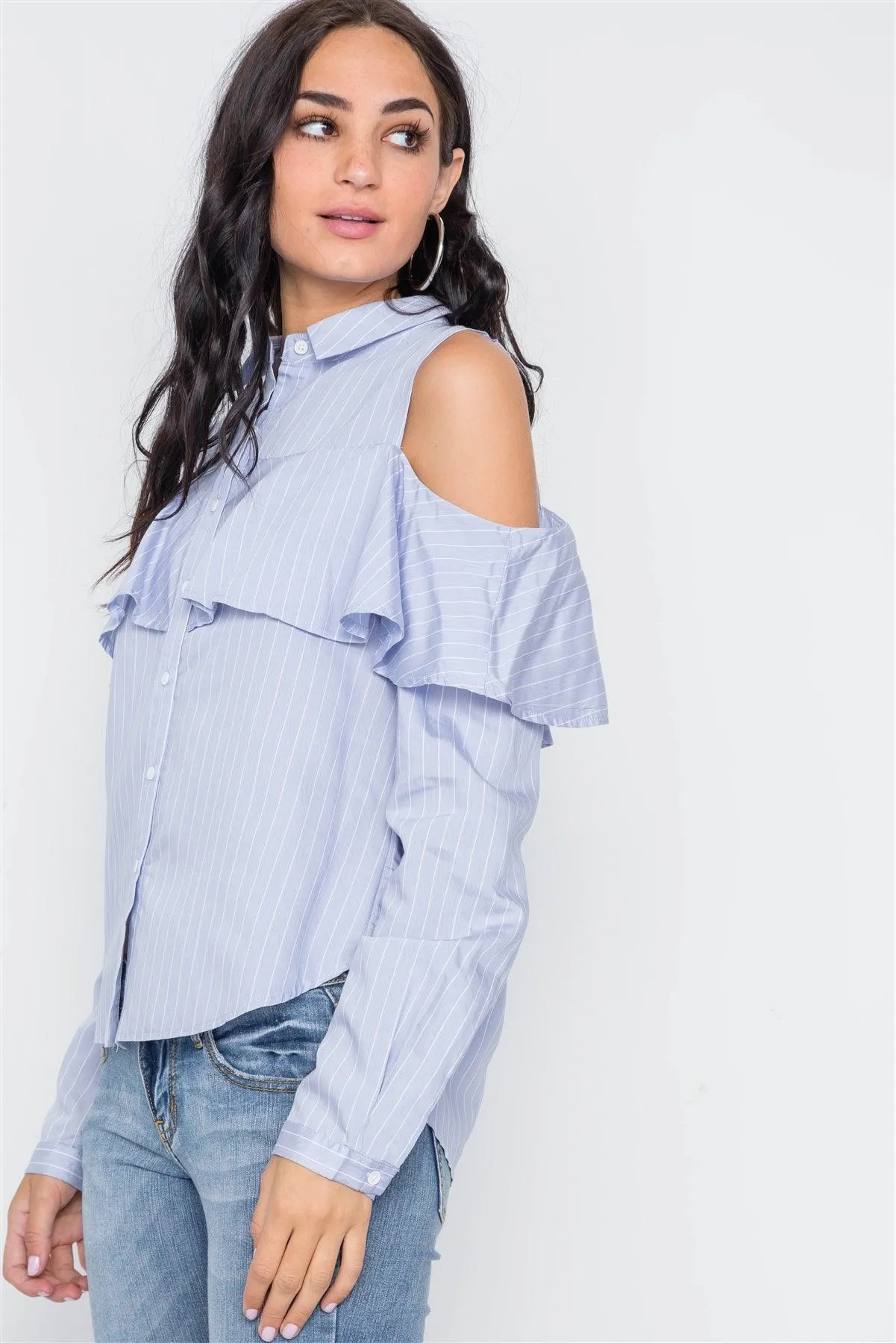 Blue Stripe Cold Shoulder Button Down Top