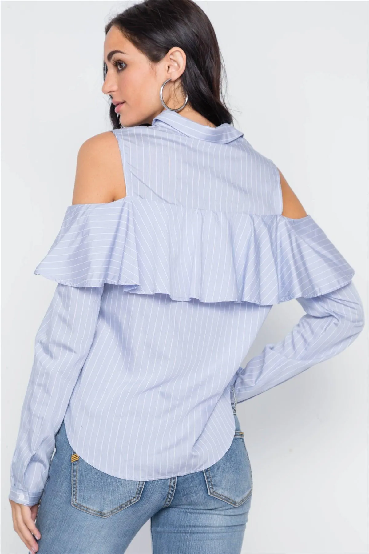 Blue Stripe Cold Shoulder Button Down Top